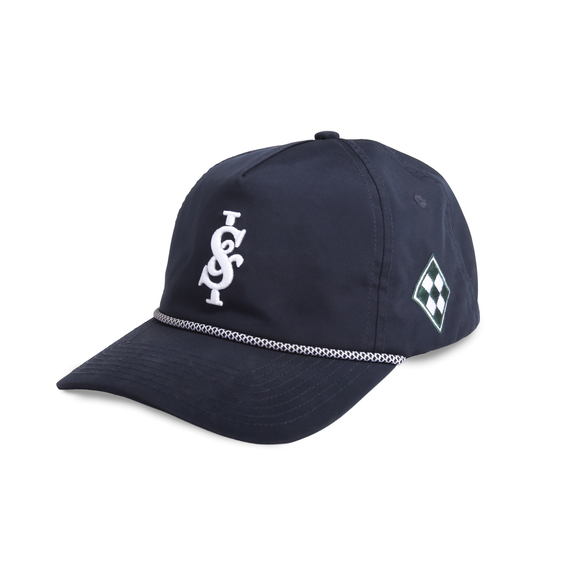 Navy blue cap with white logo and checkered pattern on a white background