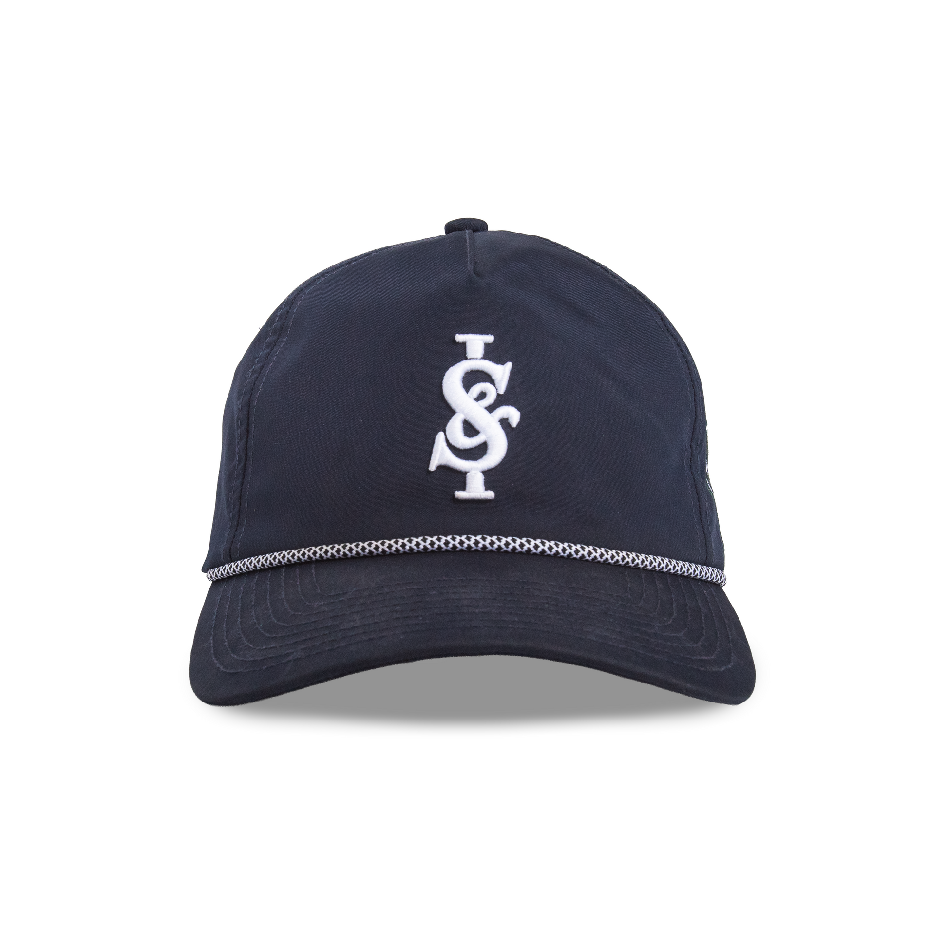Navy blue cap with a white logo on a white background