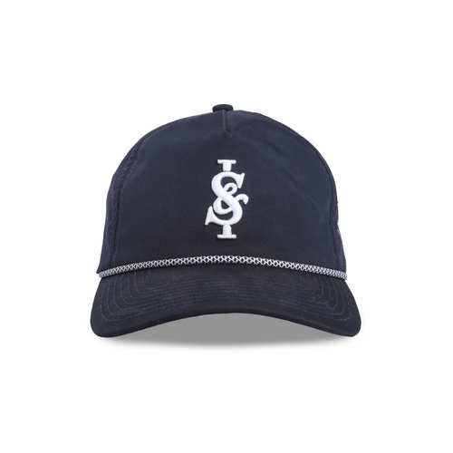 Navy blue cap with a white logo on a white background