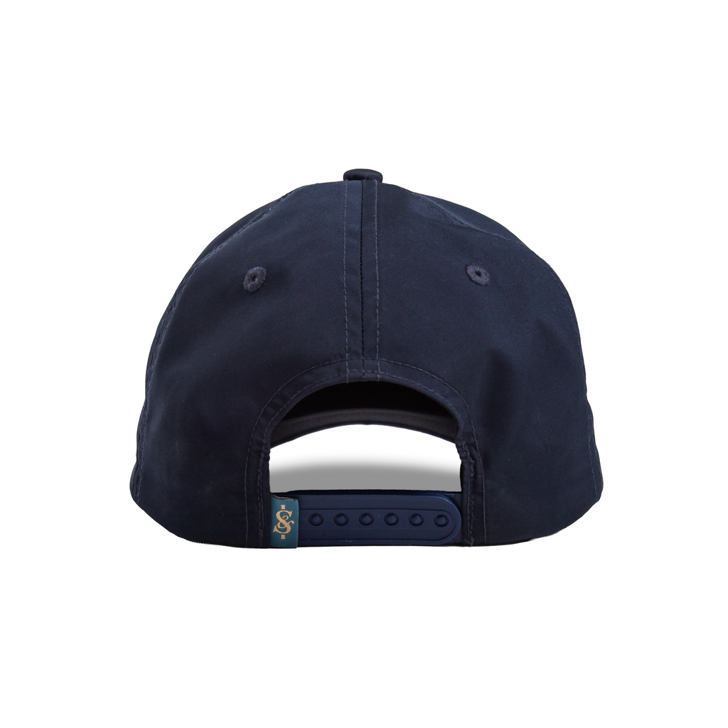 Navy blue cap with a small logo on the back on a white background